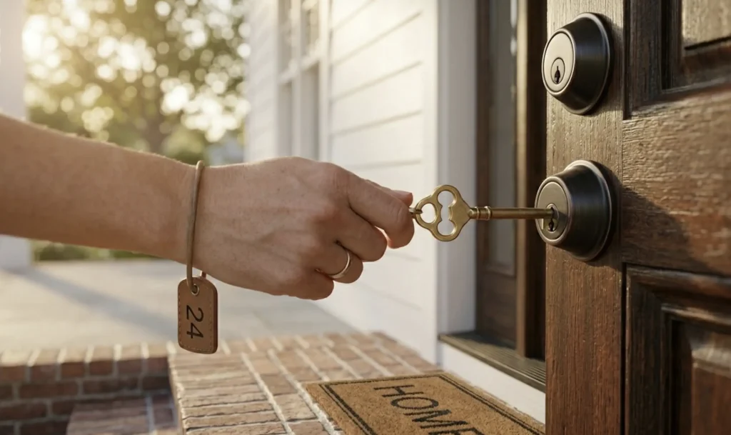 A close-up of a homeowner's hand turning a gold key in the lock of a front door, symbolizing a successful house offer and closing.