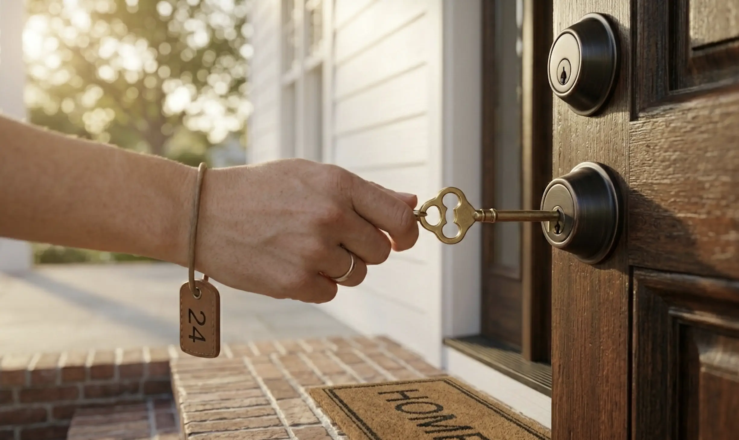 A close-up of a homeowner's hand turning a gold key in the lock of a front door, symbolizing a successful house offer and closing.
