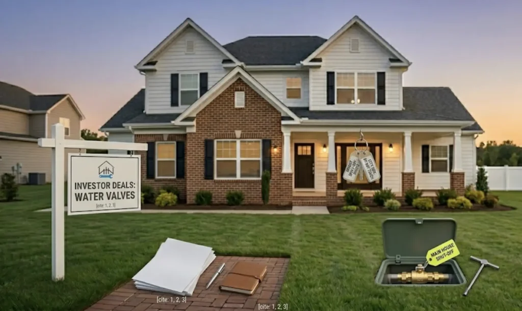 A photograph of a suburban house with a "FOR SALE" sign on the lawn, papers on a pathway, and two tags in mid-air near the porch.
