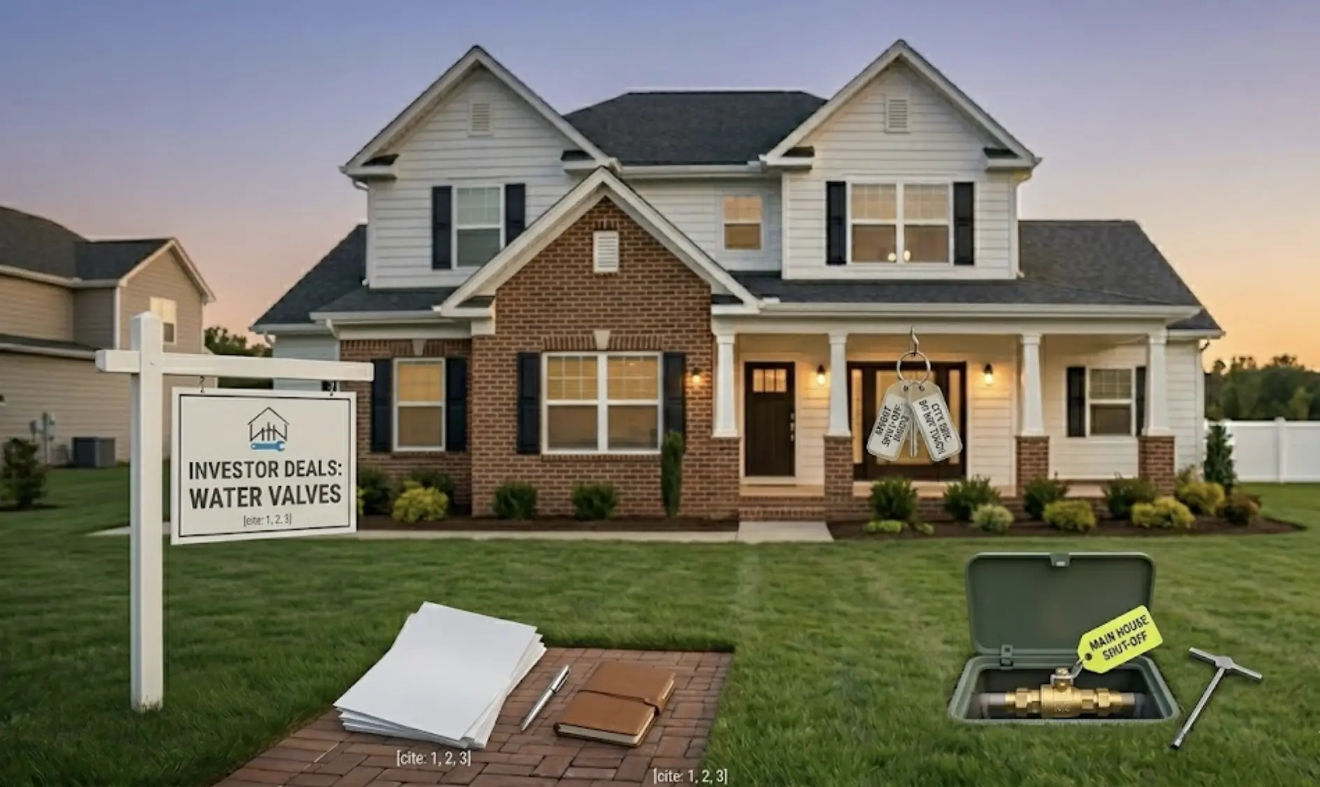 A photograph of a suburban house with a "FOR SALE" sign on the lawn, papers on a pathway, and two tags in mid-air near the porch.