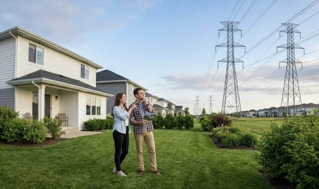 A young couple standing in a green backyard, looking up and evaluating high-voltage power lines and transmission towers located behind a suburban house.