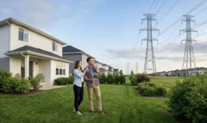 A young couple standing in a green backyard, looking up and evaluating high-voltage power lines and transmission towers located behind a suburban house.