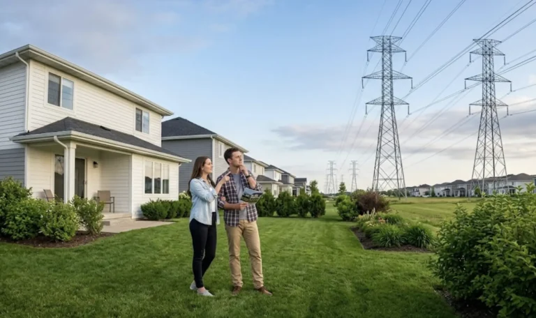 A young couple standing in a green backyard, looking up and evaluating high-voltage power lines and transmission towers located behind a suburban house.