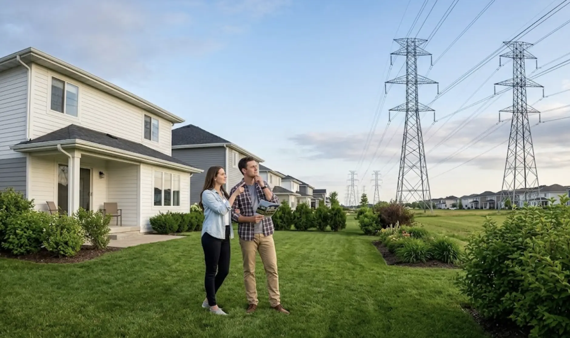 A young couple standing in a green backyard, looking up and evaluating high-voltage power lines and transmission towers located behind a suburban house.