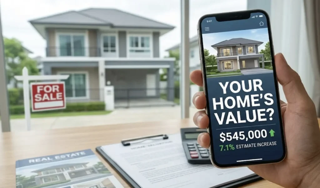 Close-up of a hand holding a mobile phone displaying "Your Home's Value?" with a price of $545,000, positioned over a desk with real estate documents.