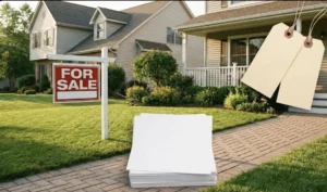 Suburban house for sale with a stack of blank papers on a brick path and two blank tags hanging near the porch.