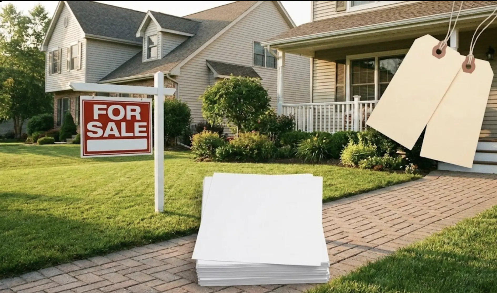 Suburban house for sale with a stack of blank papers on a brick path and two blank tags hanging near the porch.