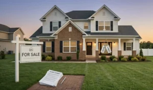 Suburban house with a "For Sale" sign on the lawn and a stack of papers on a brick path.