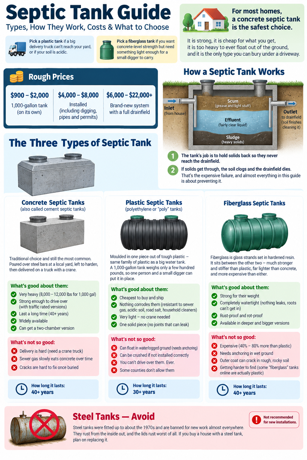 Septic tank guide infographic comparing concrete, plastic, fiberglass, and steel septic tanks, including costs, lifespan, installation requirements, how septic tanks work, and tips for choosing the right tank.